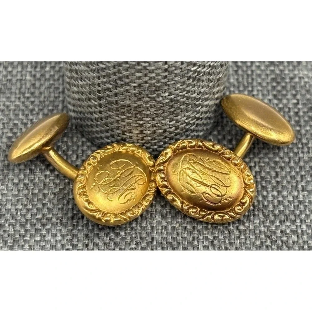 Vintage 14K Solid Yellow Gold Tone Victorian Cufflinks Ornate Etched Initials PA